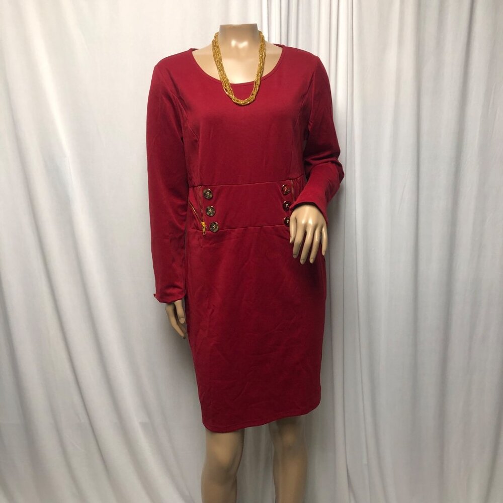 Dressfo Dress Womens Size 10 Red Gold Button Zipper Accents Stretch Sheath NEW